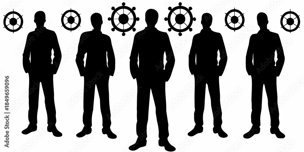 Fototapeta premium Silhouettes of men with target symbols above their heads a conceptual design