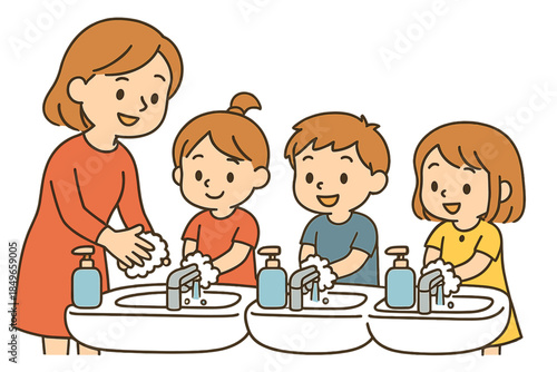 Teacher demonstrating hand washing to children at sinks