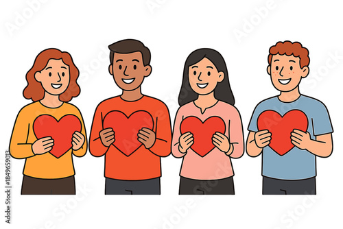 Diverse group of people holding red hearts