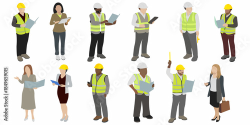 Diverse group of construction workers and professionals reviewing blueprints and plans