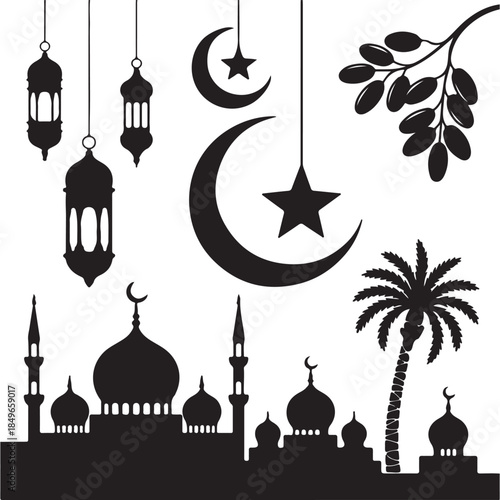 Festive ramadan kareem design featuring crescent moon, lanterns, and dates