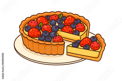 Cartoon fruit tart with strawberries and blueberries