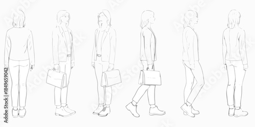 Fashion design sketch of a woman in various poses with a handbag