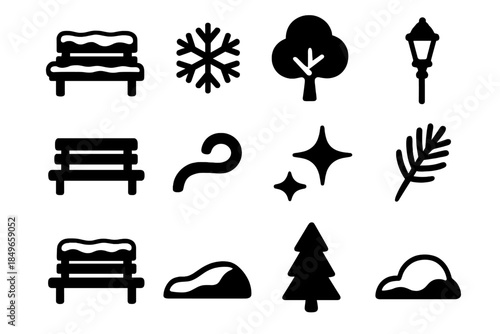 Winter Park Icon Set. Winter park benches collection. Filled icon set of winter park benches collection: bench
