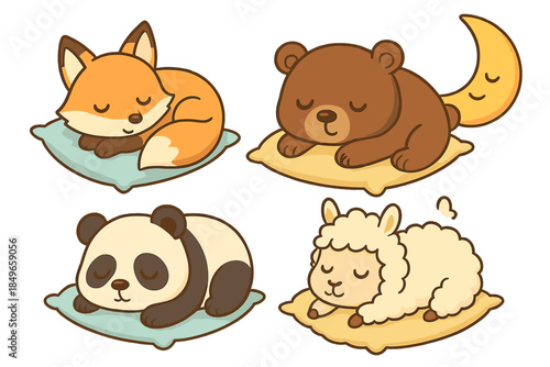 Cute sleeping animals on pillows