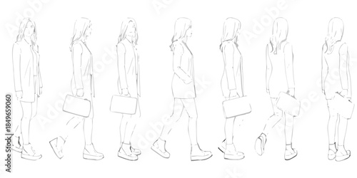 Fashion design sketch of a woman in various walking poses and outfits