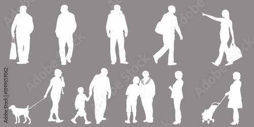 Silhouettes of people in various poses and activities displayed on a gray background