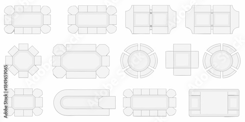 Overhead view of various table shapes and arrangements in a light gray tone