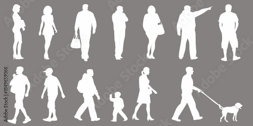 Silhouettes of diverse people walking gesturing and interacting in a public space