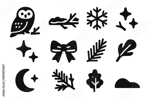 Snowy Owl Icons. Snowy owl resting on frosty tree branch. Filled icon set of snowy owl resting on frosty tree