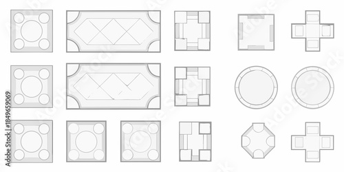 Architectural floor plan designs various layouts and geometric shapes illustrated
