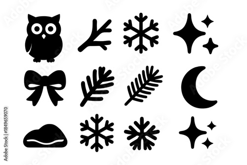 Frosty Owl Icons. Frosty owl icons. Filled icon set of frosty owl icons: owl icon, tree branch icon, snowflake
