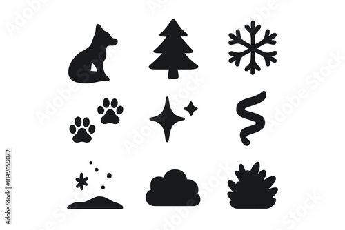 Winter Fox Icon Set. Winter woodland fox collection. Filled icon set of winter woodland fox collection: fox