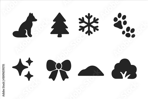 Winter Fox Icon Set. Winter fox trail icons. Filled icon set of winter fox trail icons: fox icon, pine tree