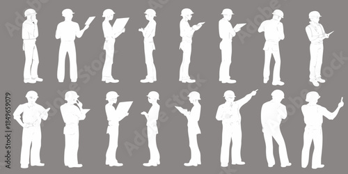 Silhouettes of construction workers in various poses and work attire