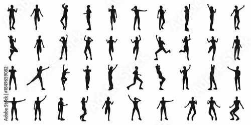 Silhouettes of people in various poses arranged in a grid pattern