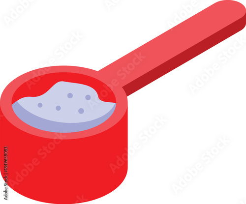 Red plastic measuring spoon containing washing powder, for laundry and washing machine