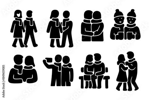 Matching Scarf Icons. Couple in matching scarves. Filled icon set of couple in matching scarves: walking