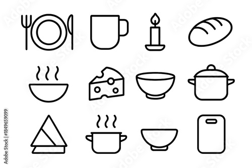 Winter Dining Icons. Winter dining table. Line outline icon set of Winter dining table: plate, fork, knife,