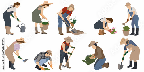 Diverse group of people gardening planting and tending to plants outdoors