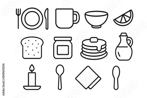 Holiday Brunch Icons. Holiday brunch vibes. Line outline icon set of Holiday brunch vibes: plate, cutlery, mug