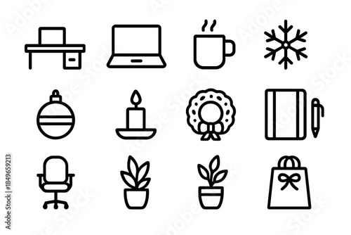 Festive Office Icons. Holiday season home office. Line outline icon set of Holiday season home office: desk,