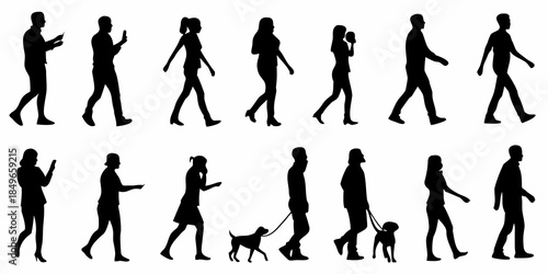 Silhouettes of people and a dog walking in various poses and stages