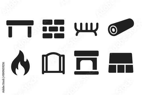 Fireplace Icon Set. Fireplace details. Filled icon set of fireplace details: mantel, brick pattern, fire grate
