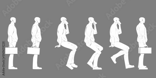 A series of silhouettes depicting a man walking with a briefcase