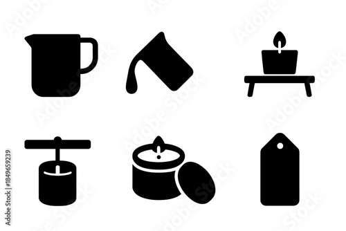 Hand-Poured Candle Icons. Hand-poured candles. Filled icon set of hand-poured candles: wax pitcher, liquid wax