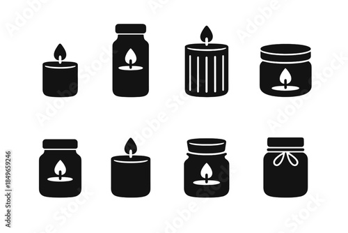 Candle Jar Icon Set. Candle jar designs. Filled icon set of candle jar designs: small jar, tall jar, ribbed