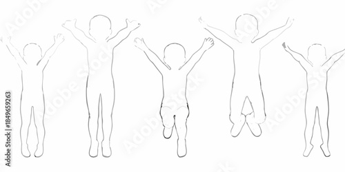 Simple line drawing depicts five figures with arms raised in celebration