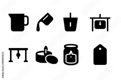 Hand-Poured Candle Icons. Hand-poured candles. Filled icon set of hand-poured candles: wax pitcher, liquid wax