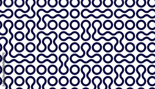 Seamless Pattern Of Interconnected Circles And Abstract Shapes In Dark Blue And White Keywords: pattern, seamless, background, texture, abstract