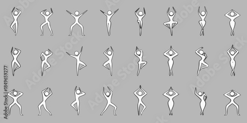 A series of minimalist illustrations depicting various yoga poses and body positions