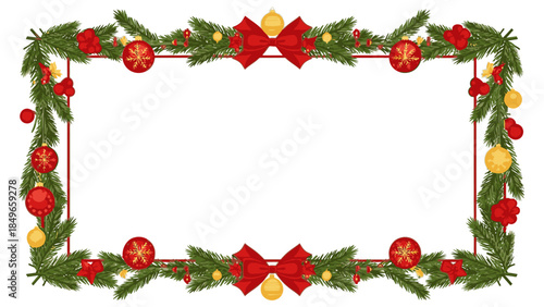 A Christmas frame decorated with green garland, red bows, and colorful ornaments on a white background, perfect for holiday greeting cards or festive invitations with a joyful atmosphere.