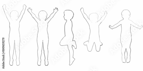 Simple outline drawings of five people with arms raised in various poses