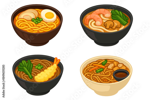 Four bowls of delicious Japanese noodles