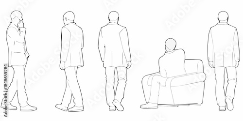 Line art illustration of men in suits standing seated and various poses
