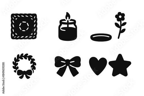 Cozy Handmade Decor Icons. Cozy handmade decor. Filled icon set of cozy handmade decor: knitted coaster, jar