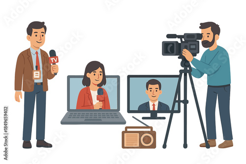 Media and broadcasting concept with reporters and camera operator