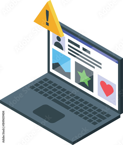 Laptop computer displaying social media account with security alert warning notification