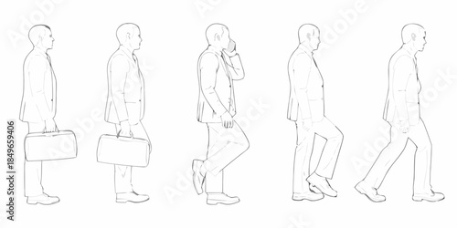 A series of line drawings depicting a man walking and talking on a phone