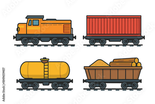 Four train cars, including a locomotive, container, tanker, and flatbed with logs
