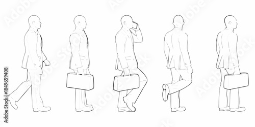 Line art depiction of a businessman walking and talking on the phone