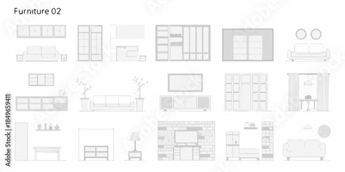 Illustrative furniture arrangement sofas cabinets media consoles and decorative elements