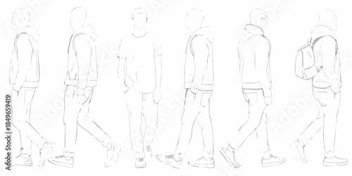 Sketch of a man in various poses showing a full body character design