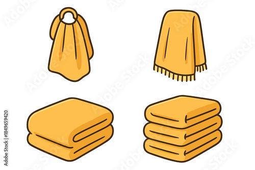 Four yellow towels in different states of folding and hanging