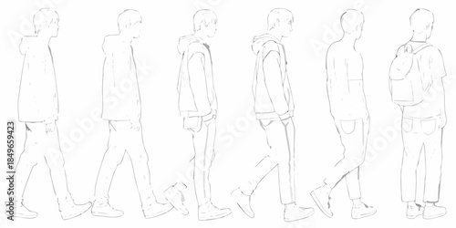 Line art depicting six male figures in various walking and standing poses