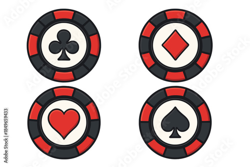 Four poker chips with card suits